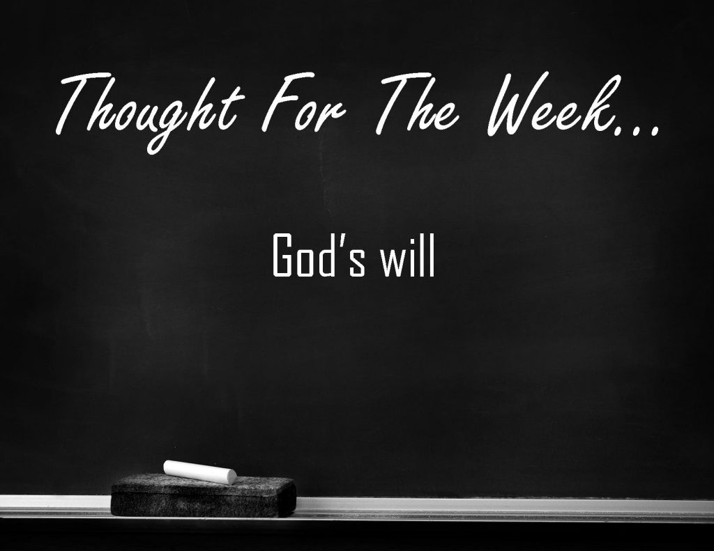 Gods will is the Thought for the Week written in chalk on a black chalkboard.