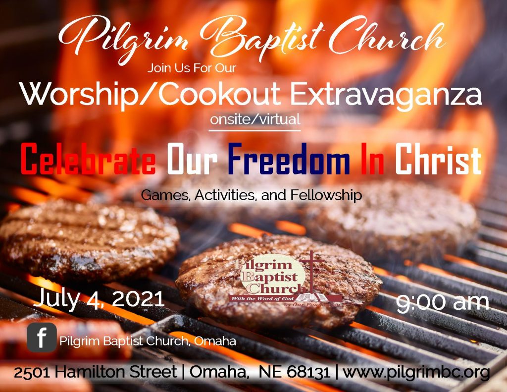 4th of July Sunday Worship Service with hamburgers and hot dogs cooking on the grill.