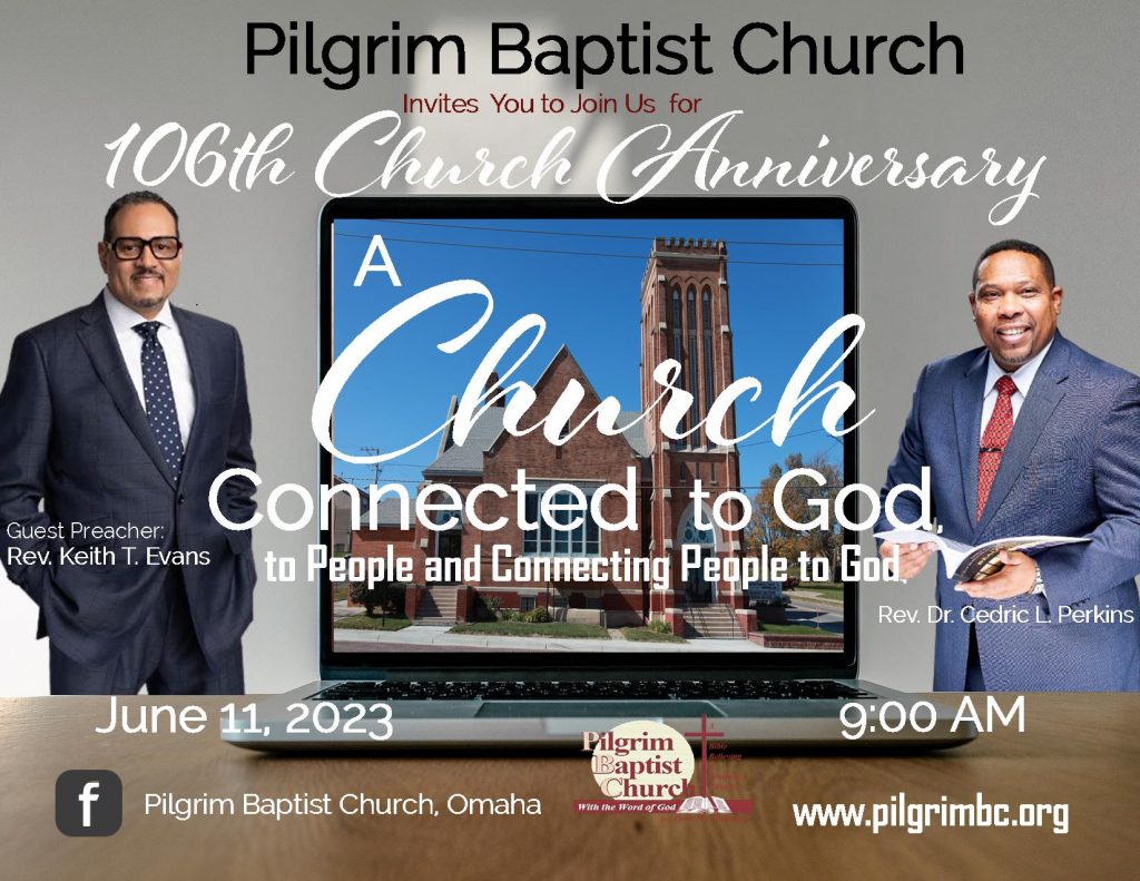 Annual 106th Church Anniversary with a laptop sitting on the table with a picture of the church on the screen and the words A Church Connected to God, to People and Connecting People to God and the pictures of Rev. Evans and Dr. Perkins.