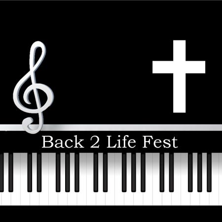 Back 2 Life Fest written words, musical note, cross, computer keys with a black ground