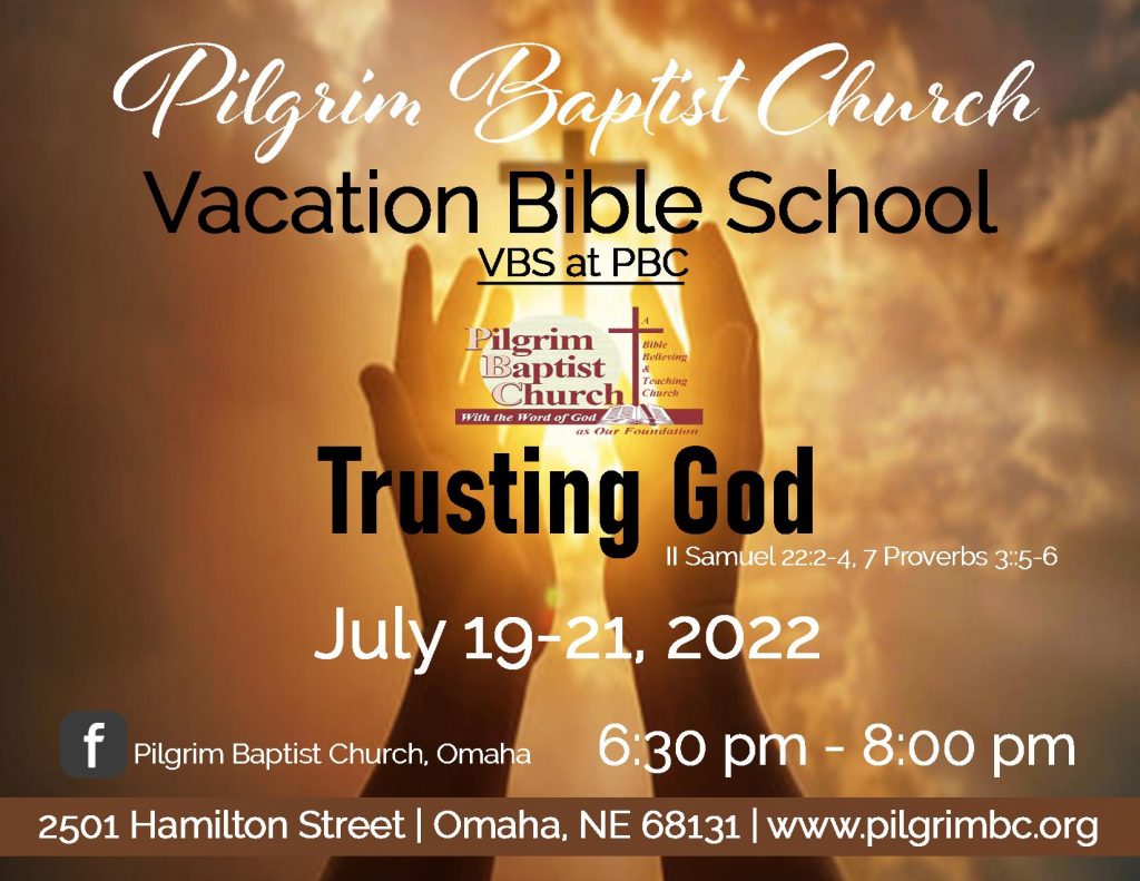 Vacation Bible School at Pilgrim is written on the image.  Open hands with a cross in the sky with the sun going down in the background.