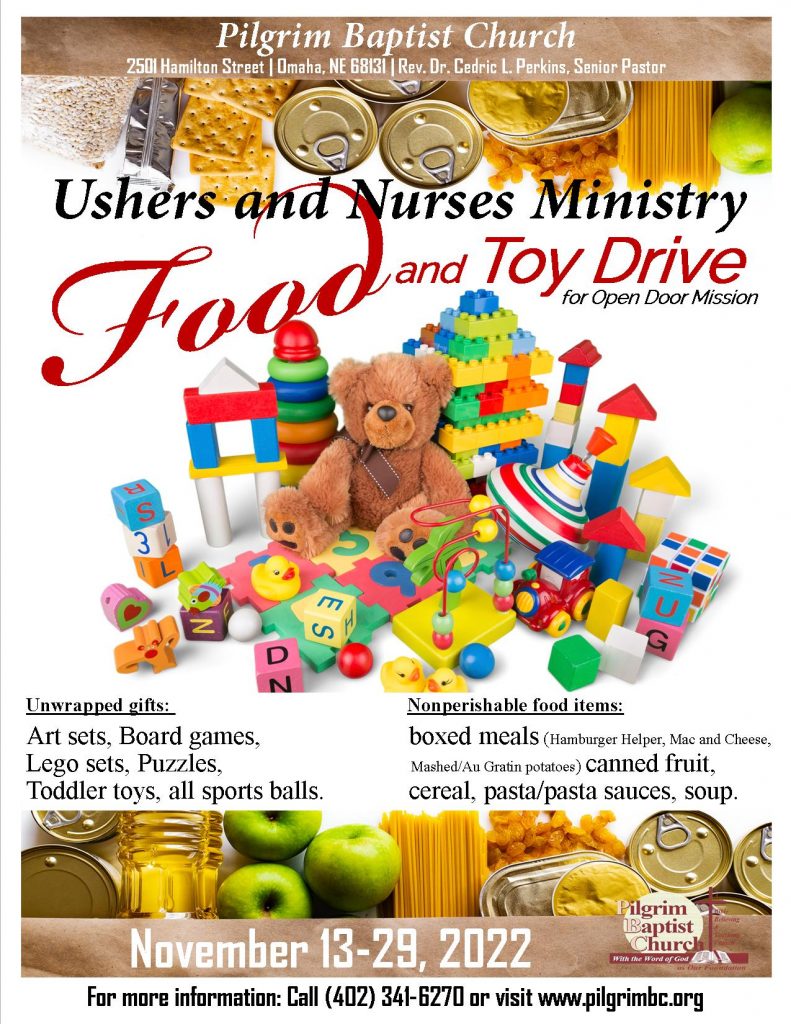 Ushers and Nurses Ministry Food and Toy Drive with food pantry items and toys. 