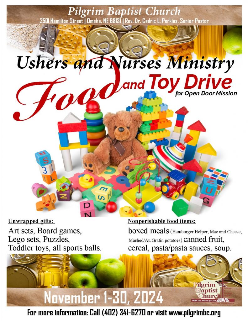 Ushers and Nurses Ministry Food and Toy Drive 2024 with food pantry items and toys. 