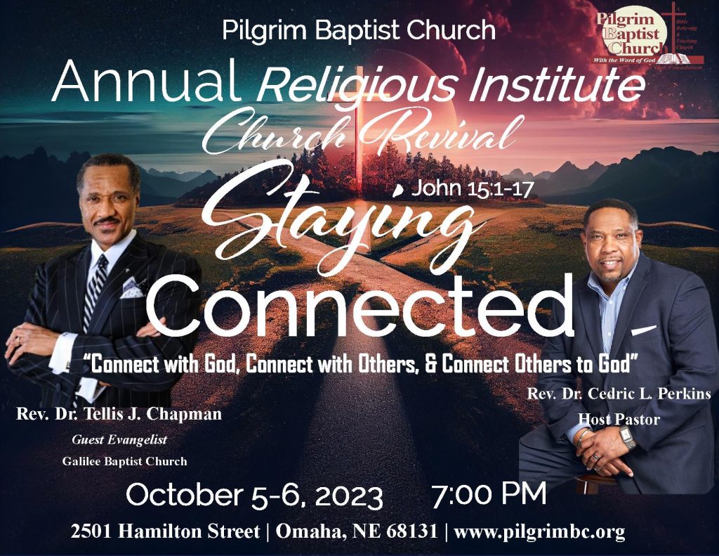 Annual Religious Institute / Annual Church Revival is on the image outside roads and a cross with photos of Tellis J. Chapman and Cedric L. Perkins.